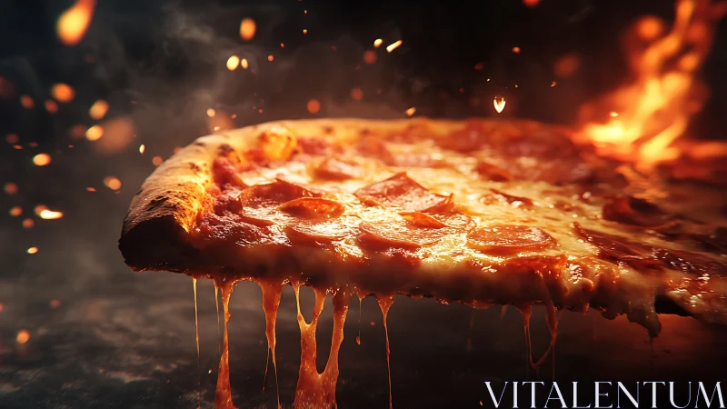 Pizza slice with melted cheese and dynamic fire particles