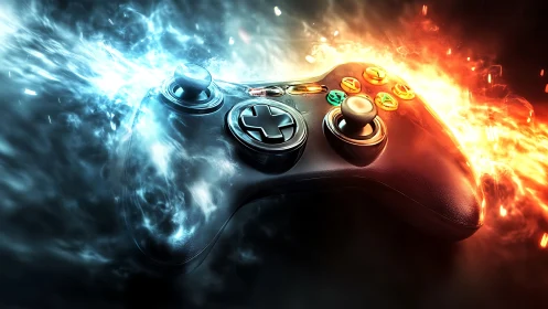Electric gaming controller glows between fire and ice energy