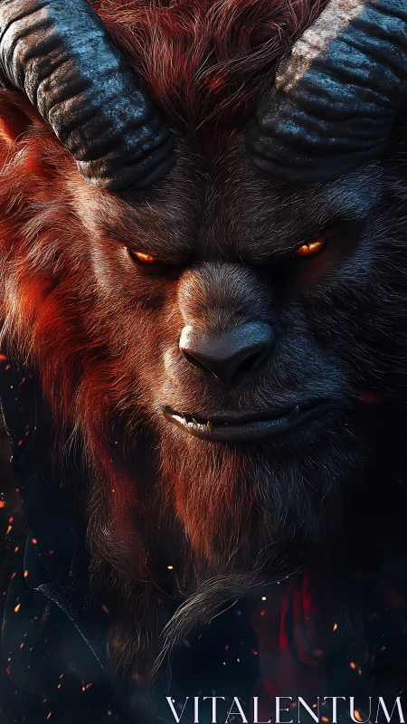 Horned demon portrait glows with embers and molten eyes