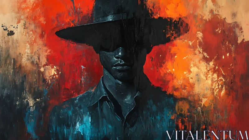 Shadowed cowboy emerges amid fiery abstract turmoil