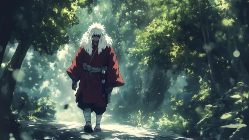 White haired warrior walks alone through dense sunlit forest