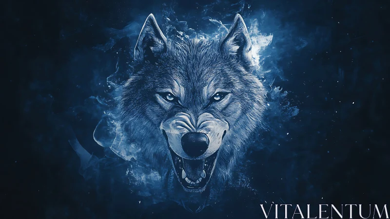 Digital blue-toned snarling wolf head against dark background.
