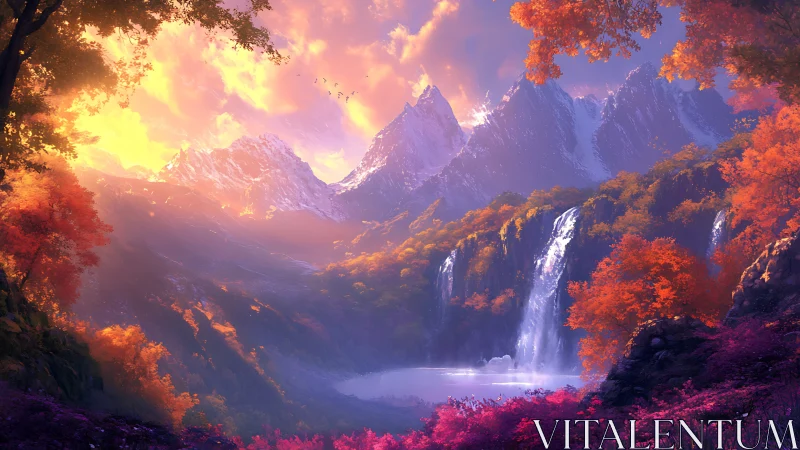 Sunlit autumn cascades in a tranquil mountain valley.