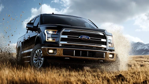 Photorealistic off-road pickup truck in dynamic frontal action.