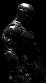 Shadowed cybernetic guardian in sleek black armor.