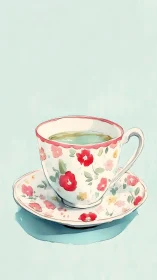 Floral porcelain teacup on pastel blue minimal backdrop.