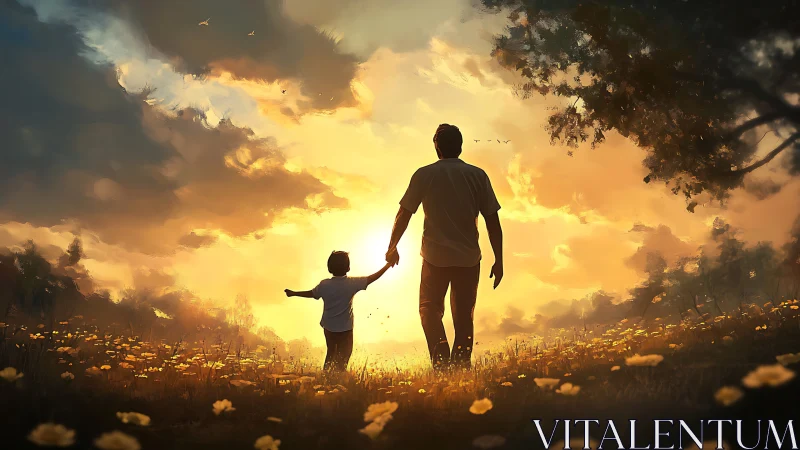 Silhouetted adult and child walking through sunset field.