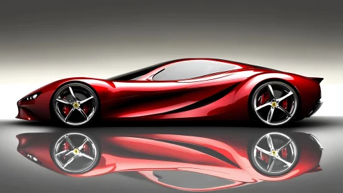 Red concept supercar reflects on glossy studio floor.