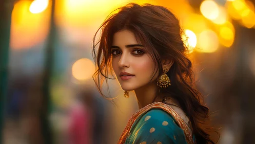 Woman in teal sari under golden city evening lights