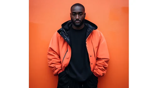 Portrait of man in orange technical parka against flat wall