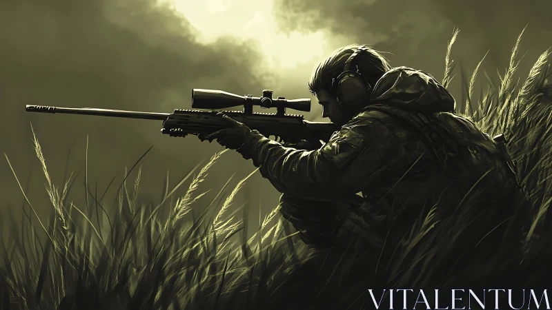 Digital painting of tactical sniper in high-grass silhouette.