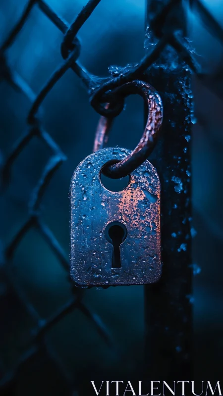 Weathered Guardian: Corroded Lock Suspended in Chains.