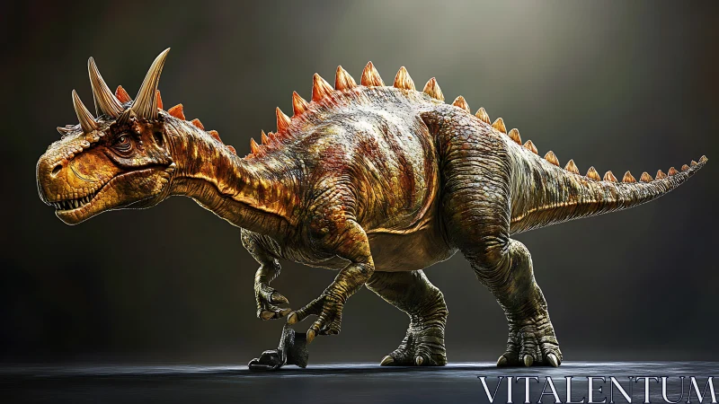 Horned theropod dinosaur with spiked dorsal ridge in motion.