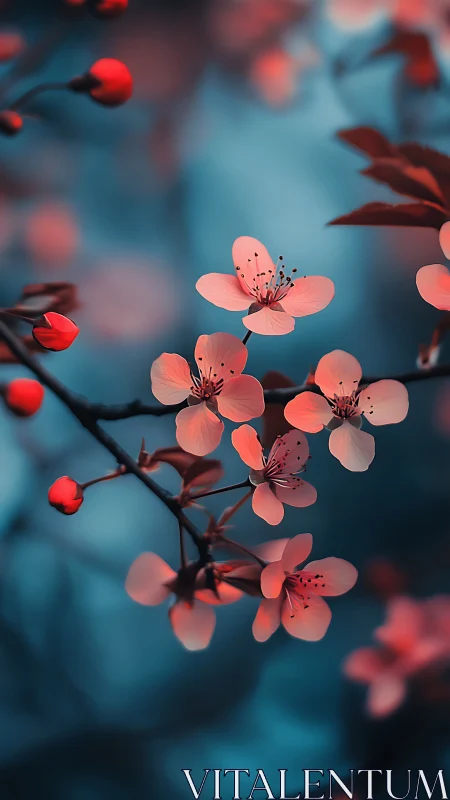 Delicate Blossoms Against Twilight Blue Background.