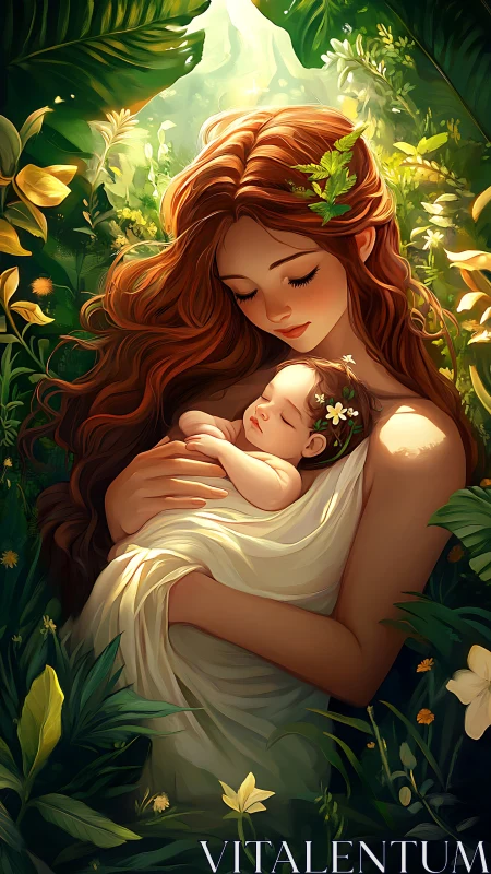 Mother cradling newborn in lush sunlit forest glade.