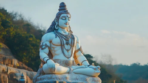Large outdoor Shiva statue seated in meditation posture.
