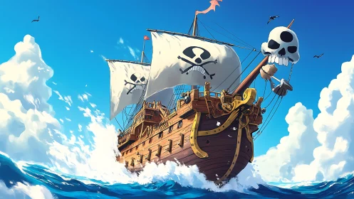 Stylized pirate galleon cutting through vivid ocean waves.