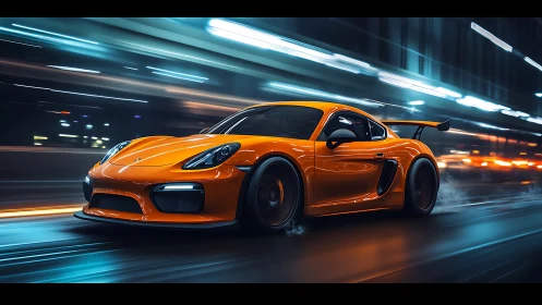 Orange track-focused sports coupe at speed on neon city highway