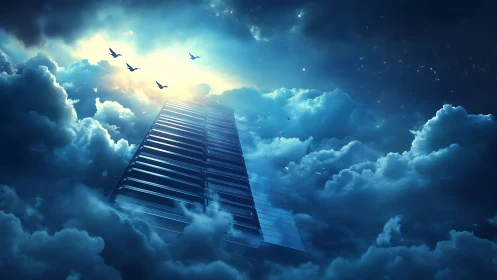 Celestial piano staircase climbs into a glowing storm of stars.