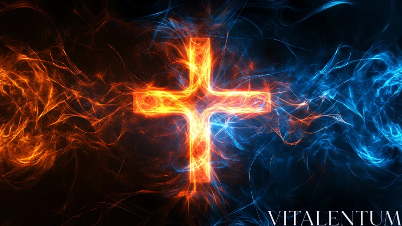 Firelit cross crackles where ember storm meets cold void