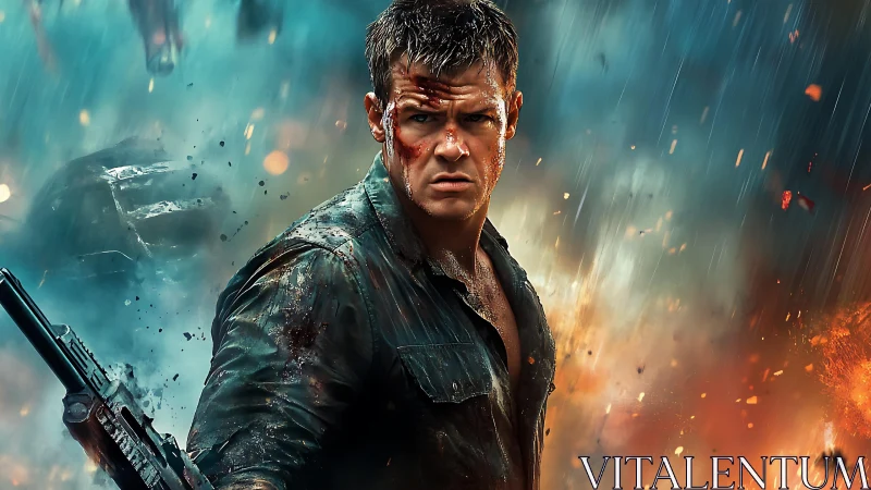 Battle-hardened soldier amid rain, fire, and chaos storm.