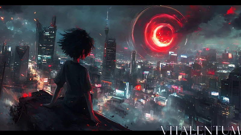 Solitary figure observing red celestial vortex over cityscape.