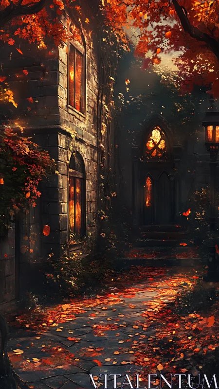 Autumn-lit gothic manor path under glowing foliage.