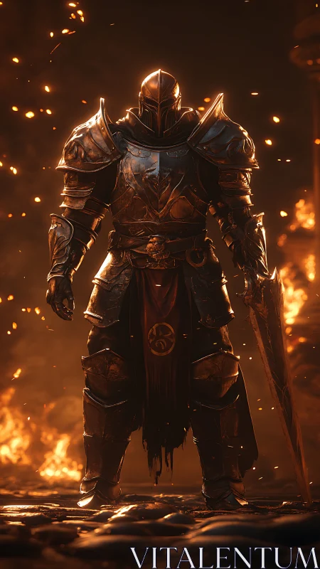 Heavily armored knight figure in fiery battlefield environment.