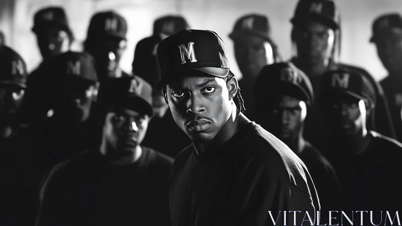 Central rapper isolated by shallow depth, high-contrast lighting study