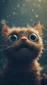 Wet wide-eyed kitten rendered in dramatic close-up portrait