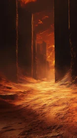 Fiery canyon corridor glows under molten storm sky.