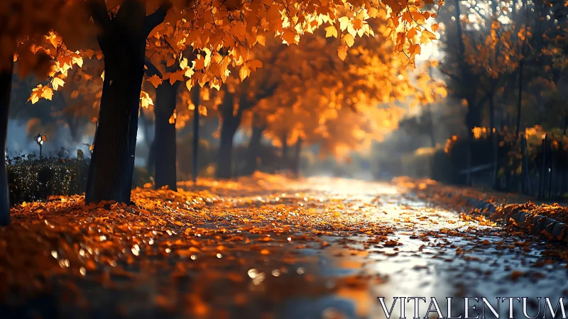 Tree-lined path with dense autumn foliage and wet surface