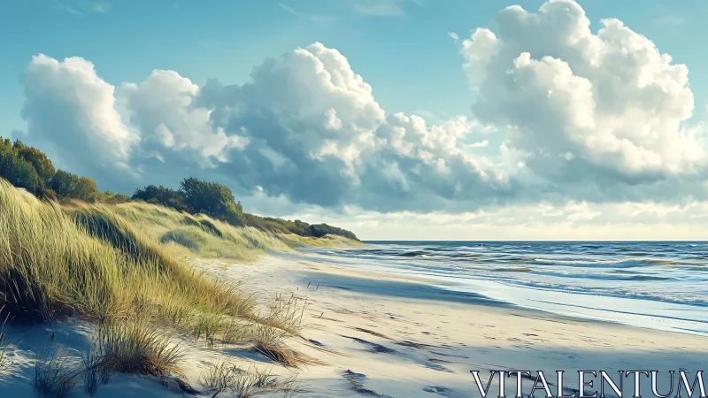 Gentle dunes and rolling clouds along a quiet seashore.