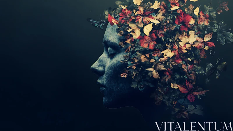 Surreal profile portrait with butterflies and leaves bloom