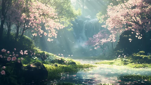 Cherry tree grove by waterfall in soft filtered daylight.