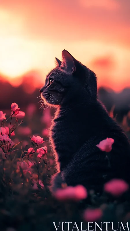 Black Cat Silhouette Against Fiery Sunset Sky.
