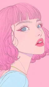 Pink haired girl gazes upward in minimalist pastel portrait