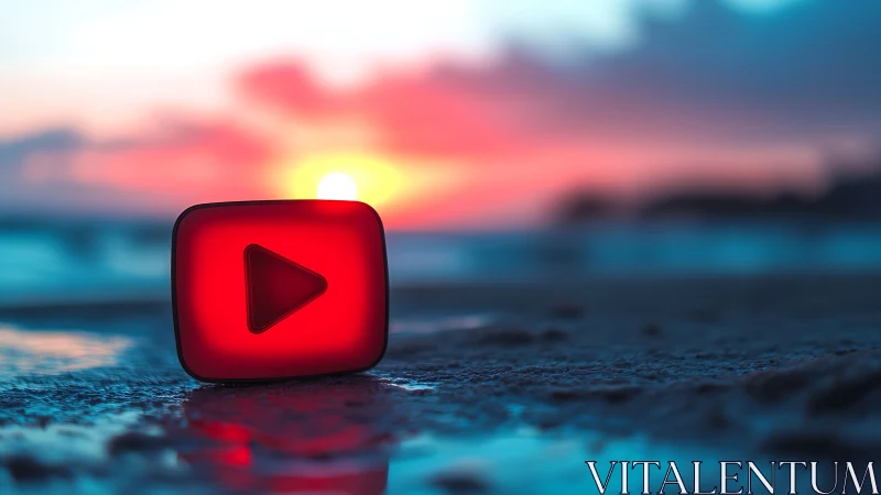 Luminous red play icon rests on wet shore at sunset
