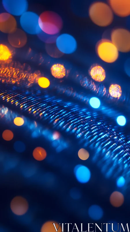 Neon bokeh orbs drift above curved blue light waves