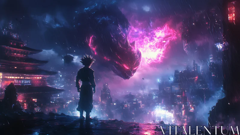 Silhouetted figure observing luminous cloud form above city.