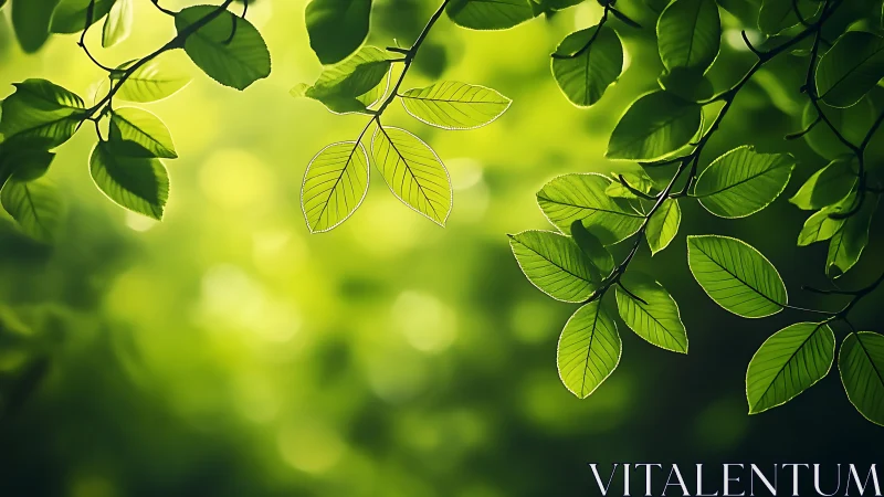 Sunlit Green Leaves Close-Up with Soft Nature Background.