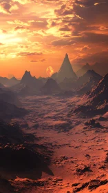 Molten dusk over alien canyons and a watching ember moon.