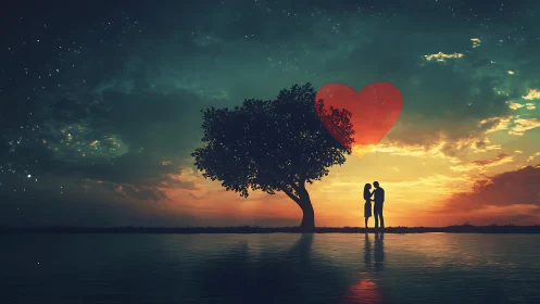 Romantic silhouetted couple under love-heart tree at twilight