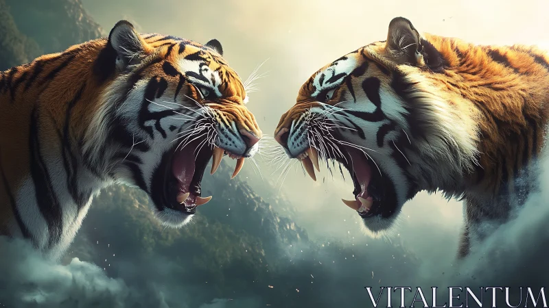 Two Bengal Tigers Snarling Face-to-Face in Mountain Mist.