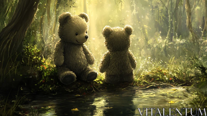 Teddy bear friends sharing quiet forest sunshine by a pond.