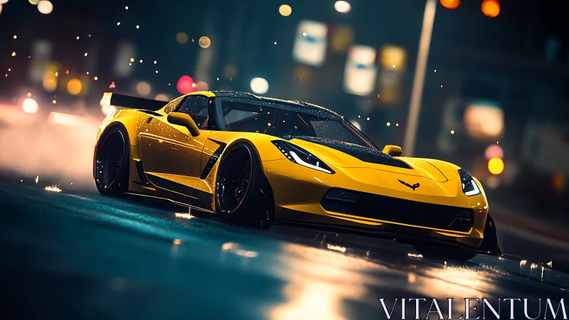 Electric yellow sports car drifting through neon rainstorm.