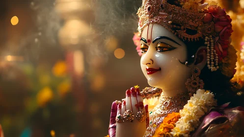 Divine Krishna idol glows in warm temple incense light