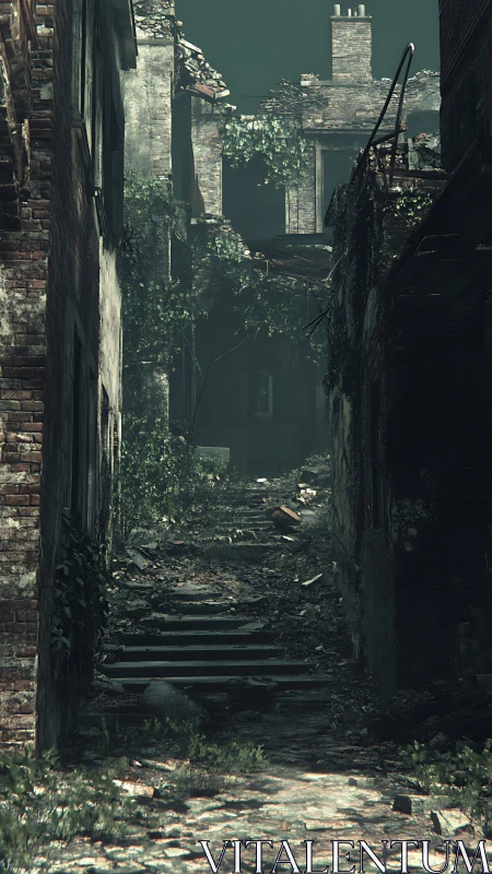 Crumbled stone stairway leads through a quiet overgrown ruin