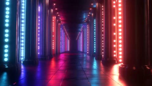 Neon column corridor glows with saturated cyberpunk light.