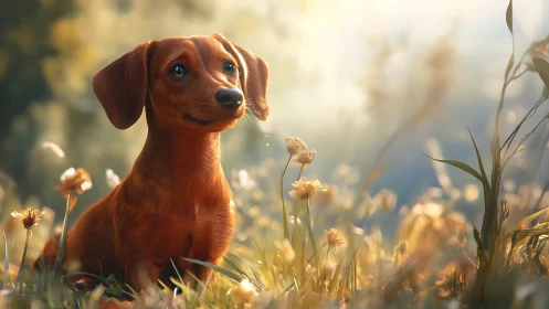 Dachshund puppy in glowing meadow light at golden hour.